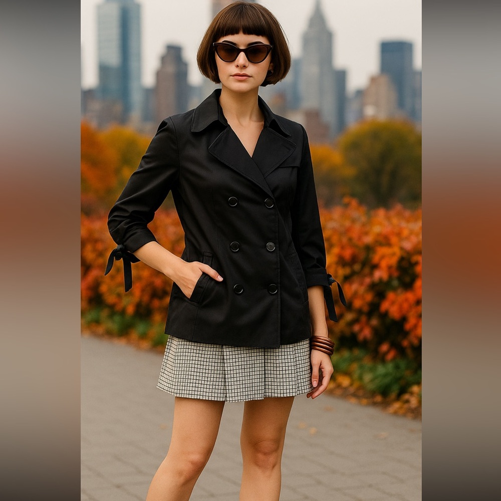 Neslay Paris Black Satin Double-Breasted Trench Jacket with Tie Cuffs – Size S